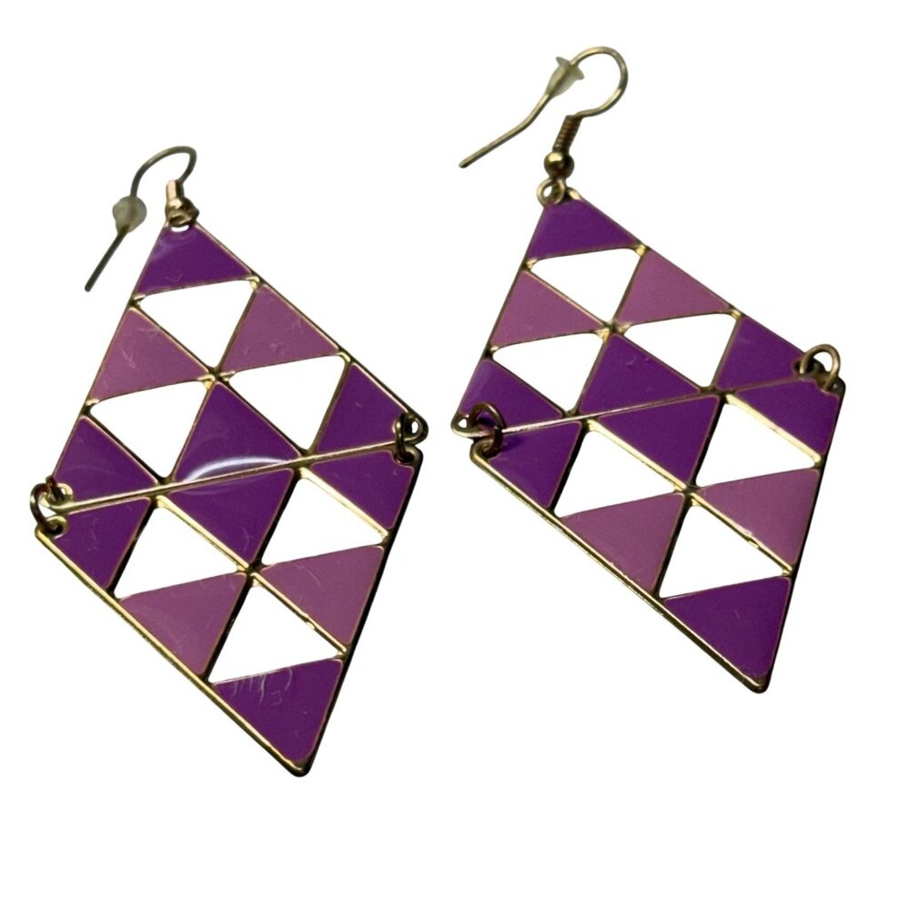 Geometric Purple & Gold Diamond-Shaped Drop Earrings Women Retro 80's Style